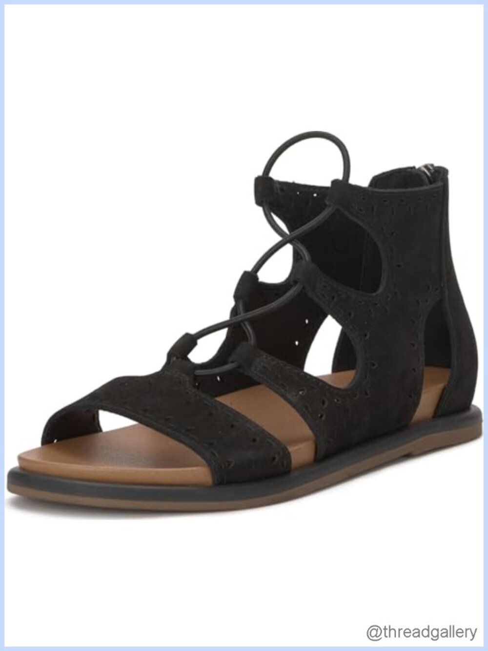 Nubuck Leather Perforated Gladiator Sandals Open Round Toe Flat